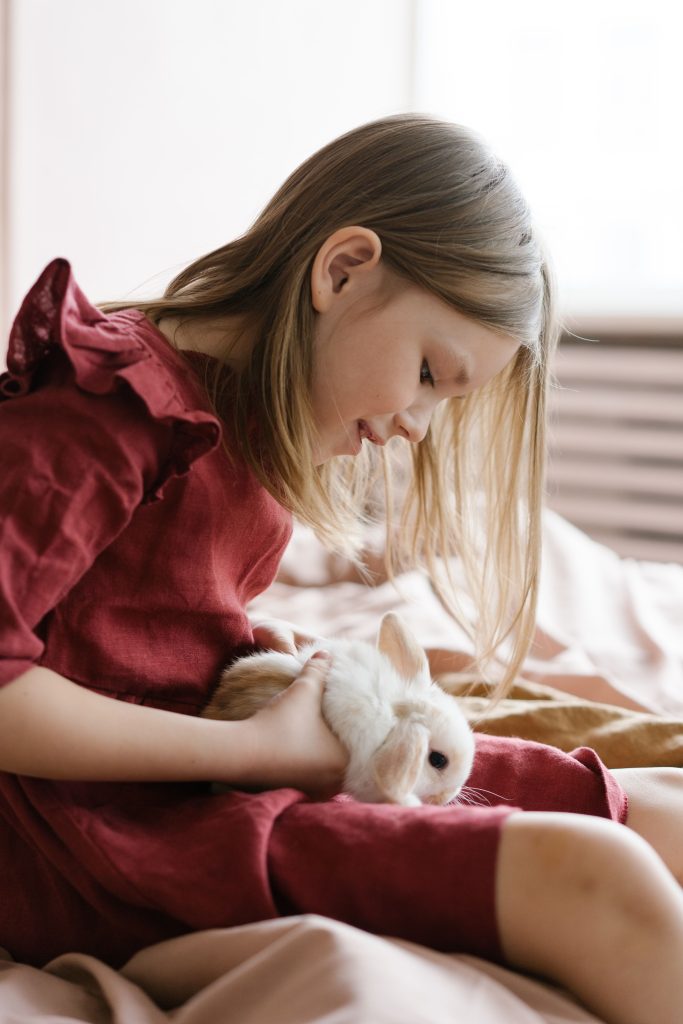 Adorable little girl in red dress playing with fluffy white rabbit on bed at home